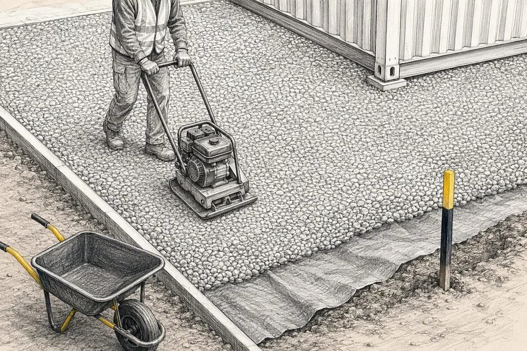 Worker compacting a container gravel foundation