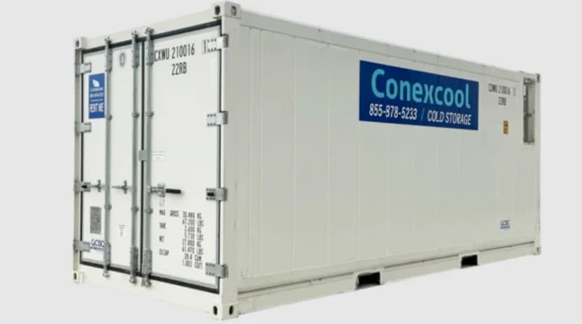 20-foot white Conexcool refrigerated shipping container.