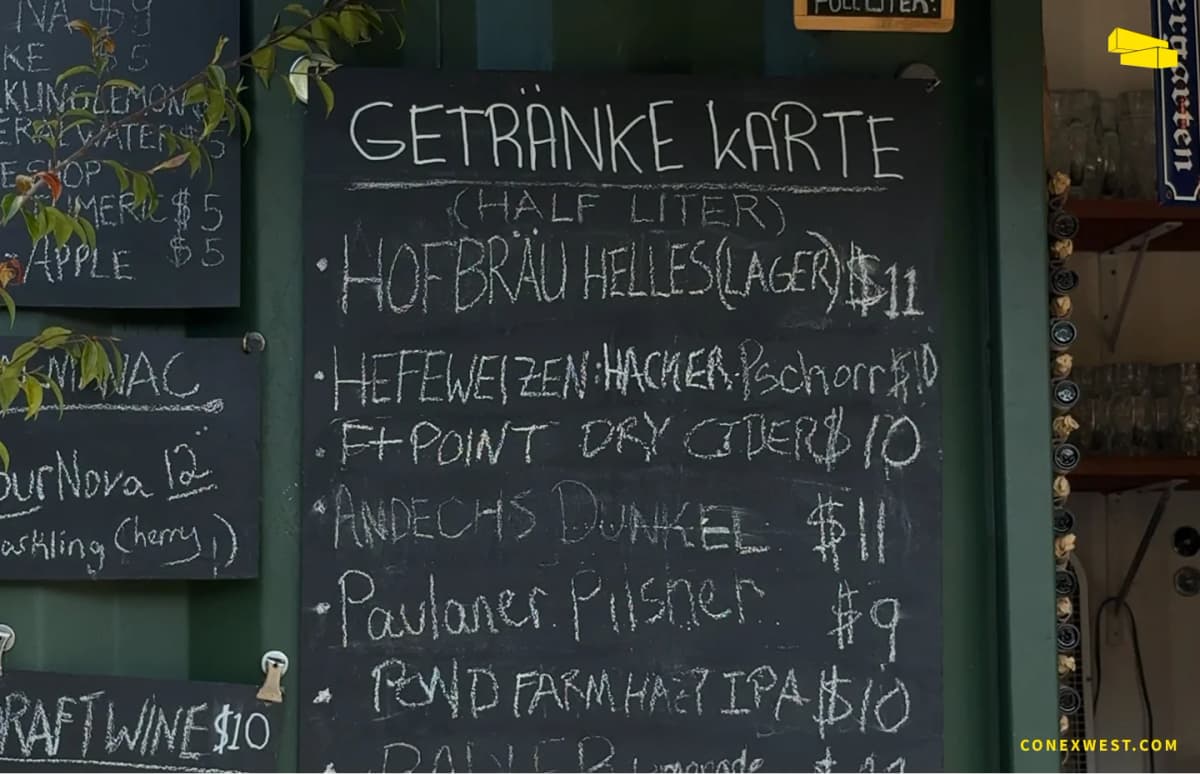 Detailed view of Biergarten’s drink menu displayed on the container wall