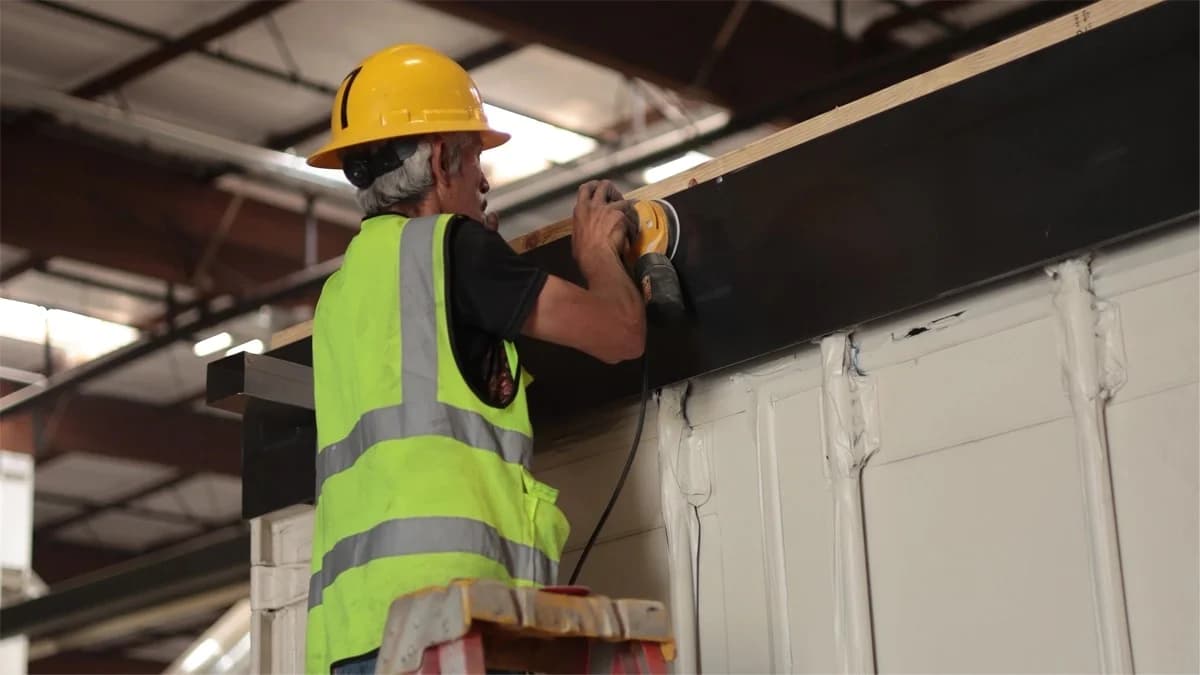 Worker installing interior components inside shipping container