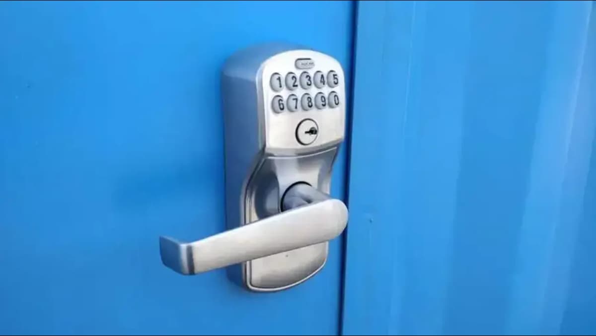Keypad lock on a shipping container office door for secure access control