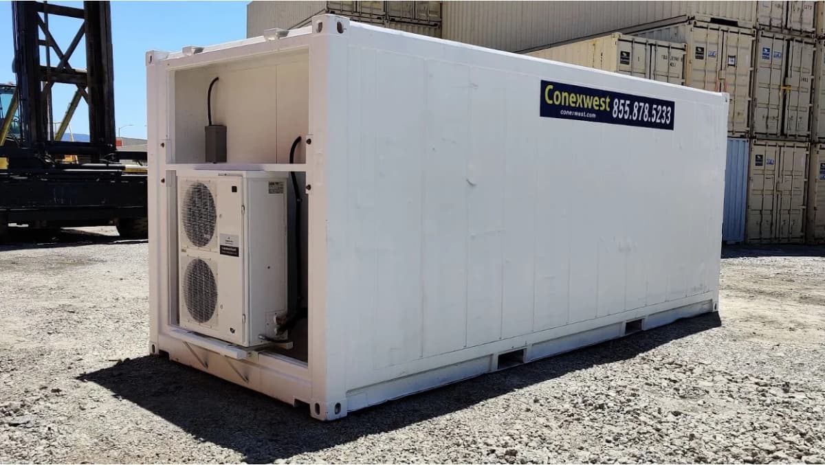 White 20-foot refrigerated shipping container with dual cooling unit