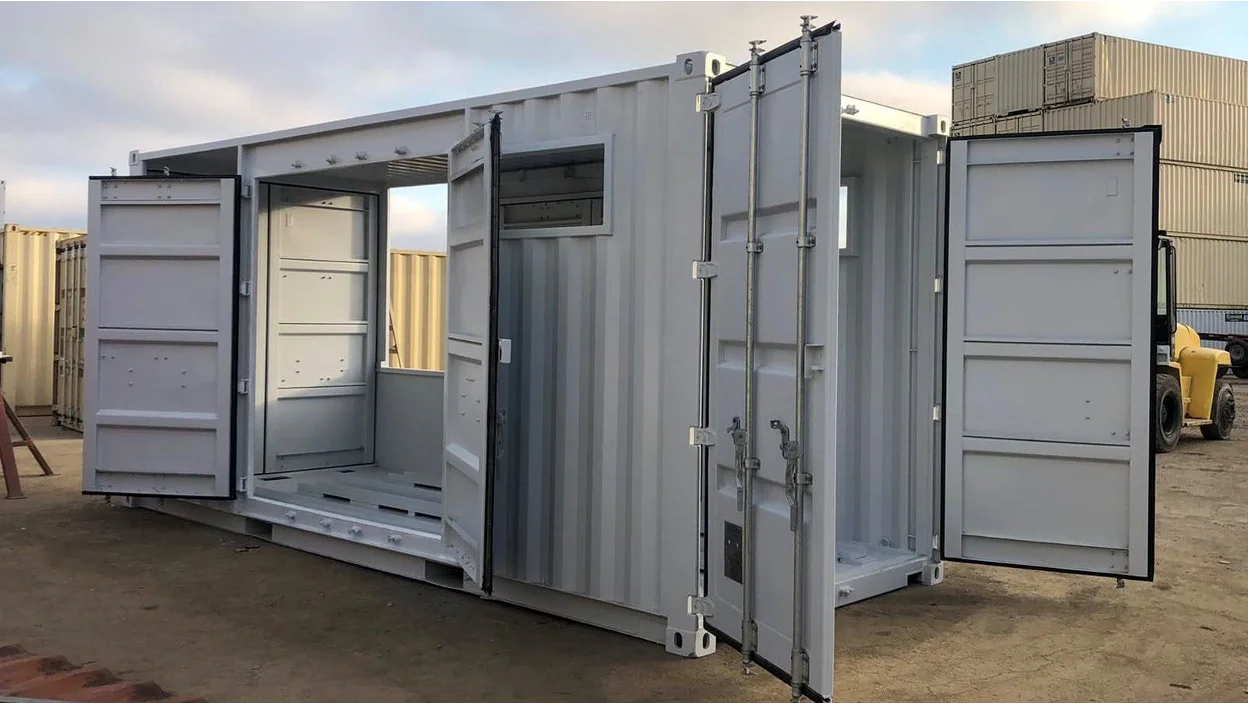 A 20-ft shipping container with side doors