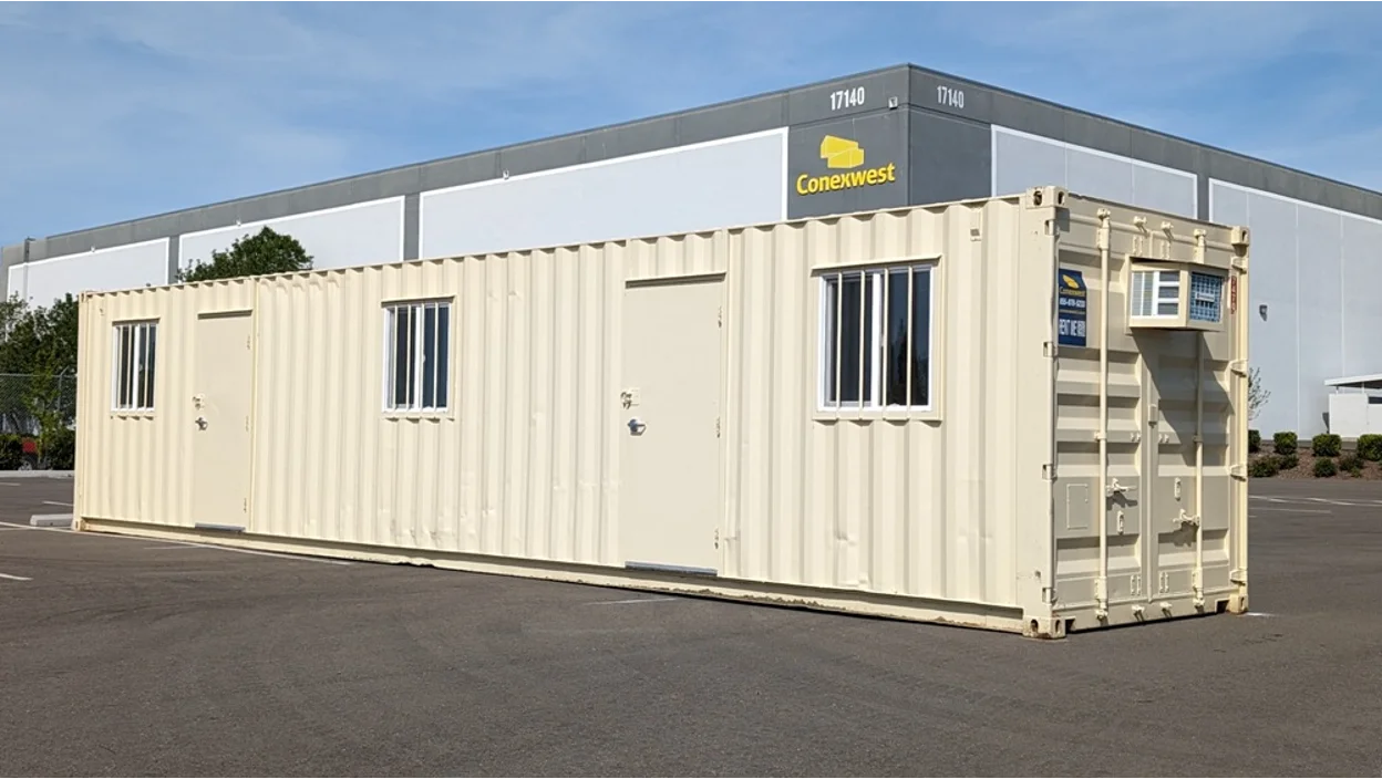 A 40-ft mobile office container with sliding windows