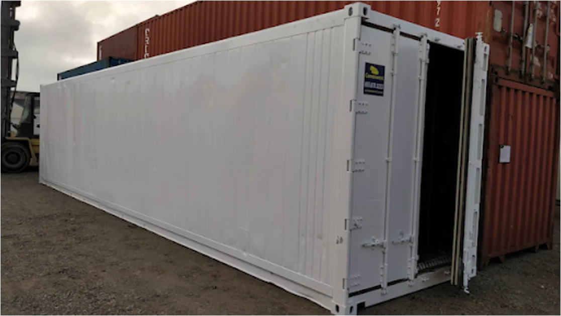 A 40-ft shipping container with side doors