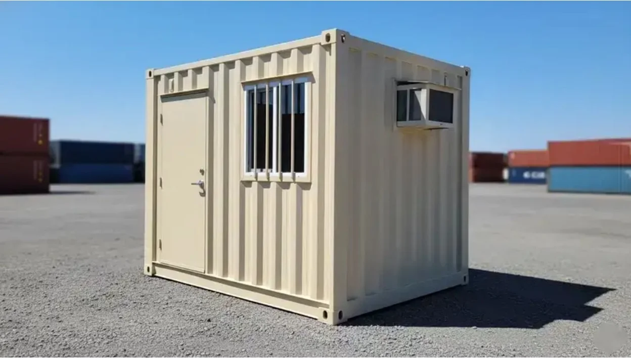 A beige 10ft shipping container in a lot with shipping containers in the background