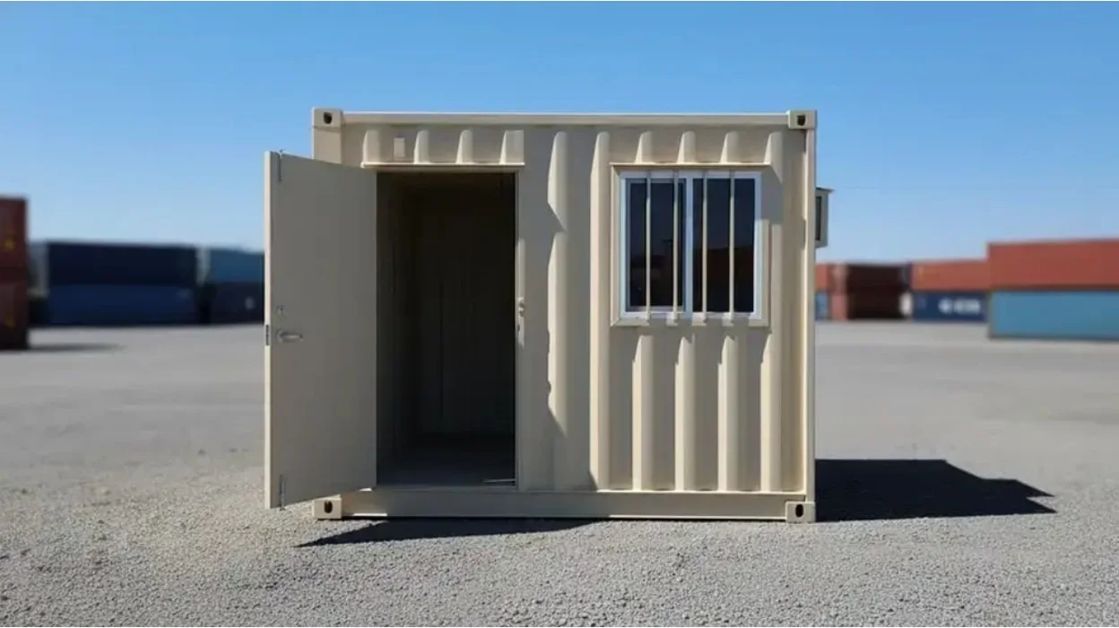 A beige 10ft storage container with the door open and a window, sitting in a lot of containers