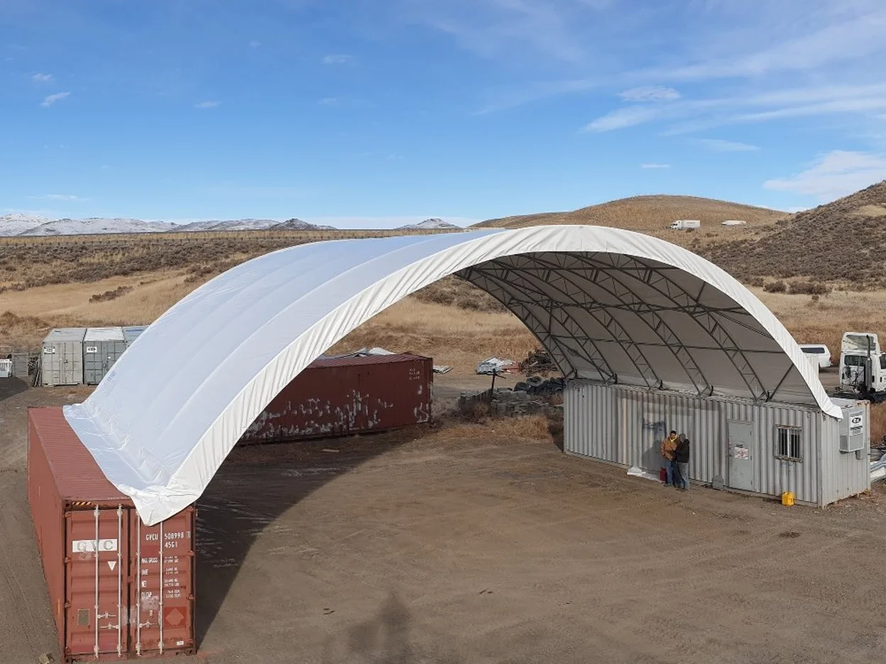 A shipping container with a canopy