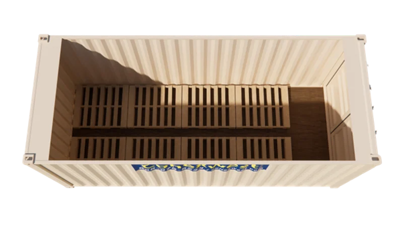 A top-down view of an open shipping container