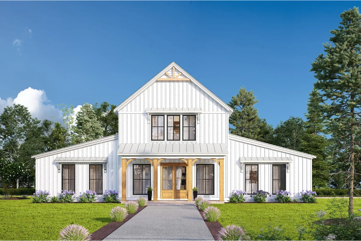 A white-painted barndominium