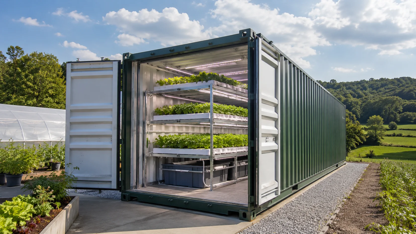 an open shipping container with hydroponic farm
