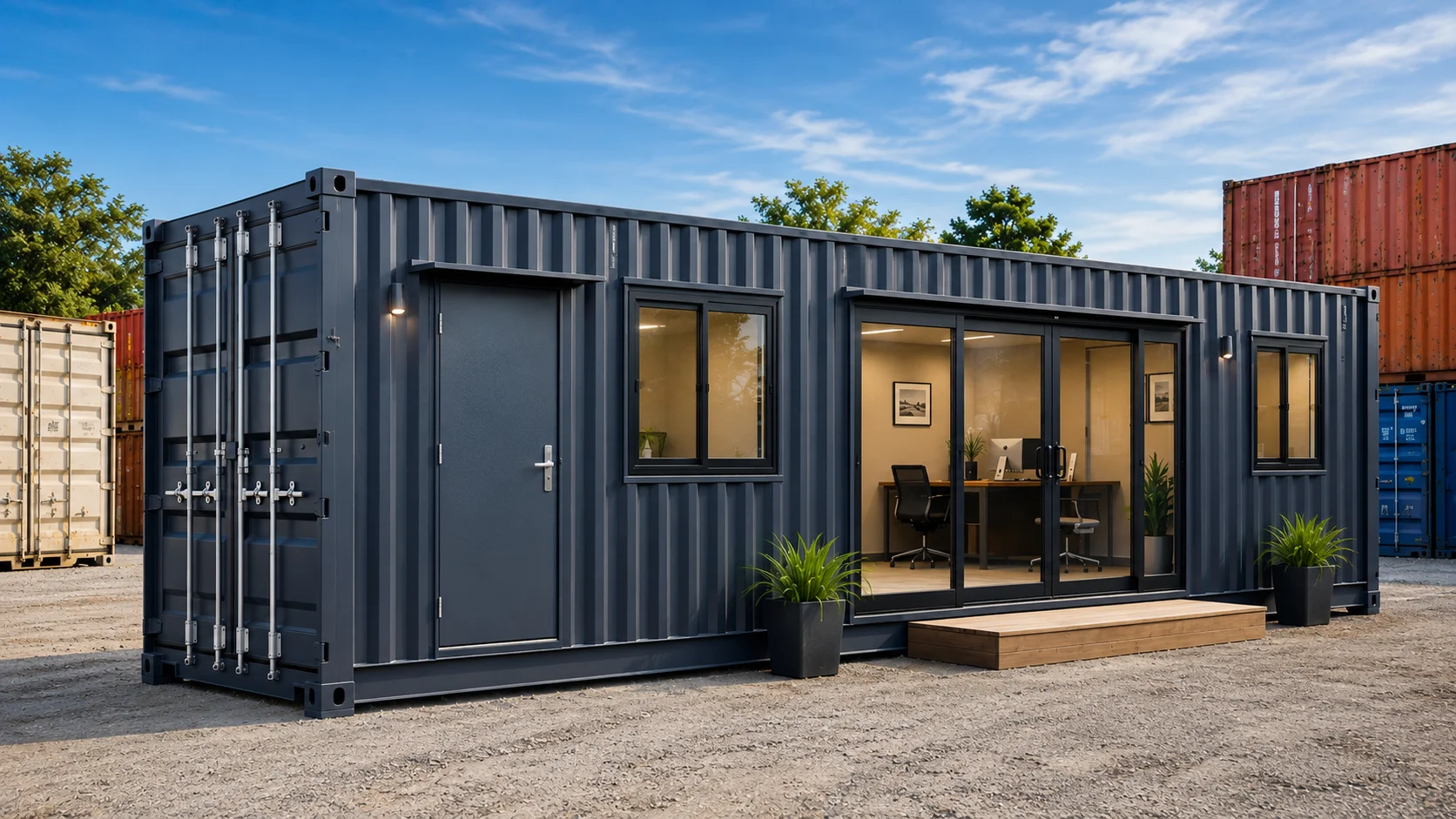 Modern 40ft shipping container office with large windows, glass doors, finished interior workspace, and stacked containers in the background.