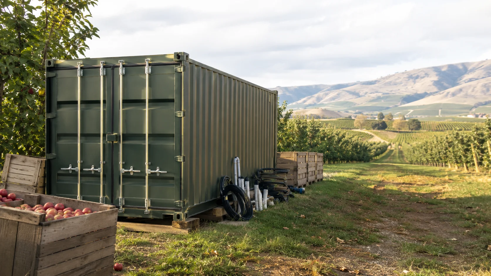 Shipping container used for farm storage at a Washington orchard with fruit crates, farm equipment, and rows of trees in the background.
