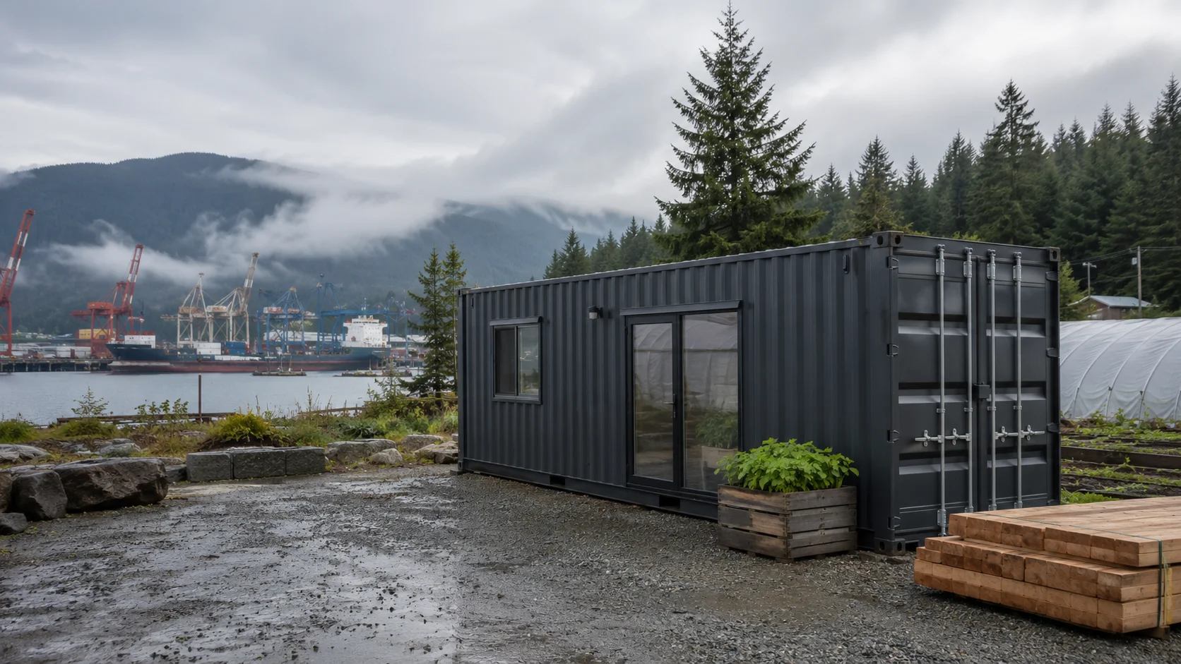 Shipping container workspace on a rainy Washington waterfront with port cranes, forested mountains, and construction materials nearby.